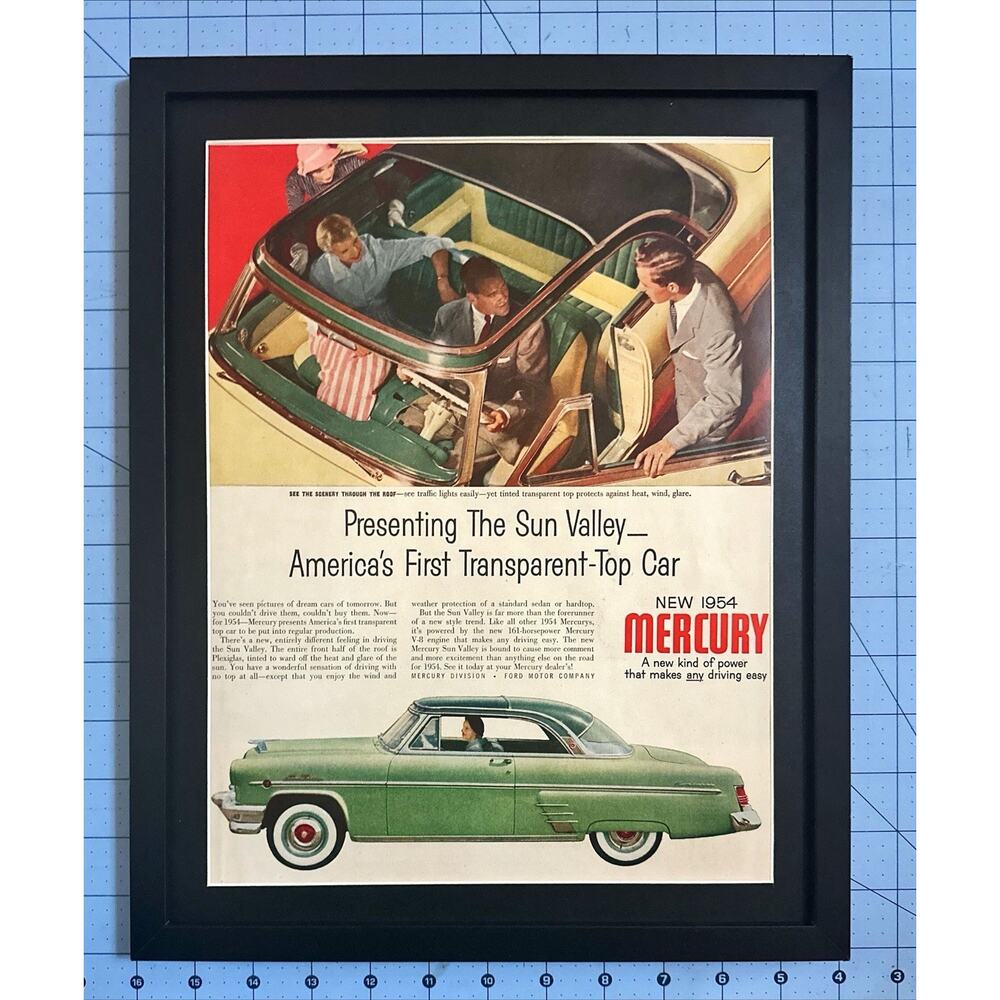 FRAMED Magazine Ad 1954 Mercury Sun Valley Americas First Transparent Top Car